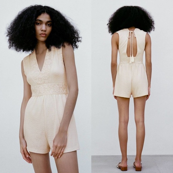 Zara Pants - NWT Zara Textured Lace Romper Playsuit in Ecru Cream Size Small $39.90